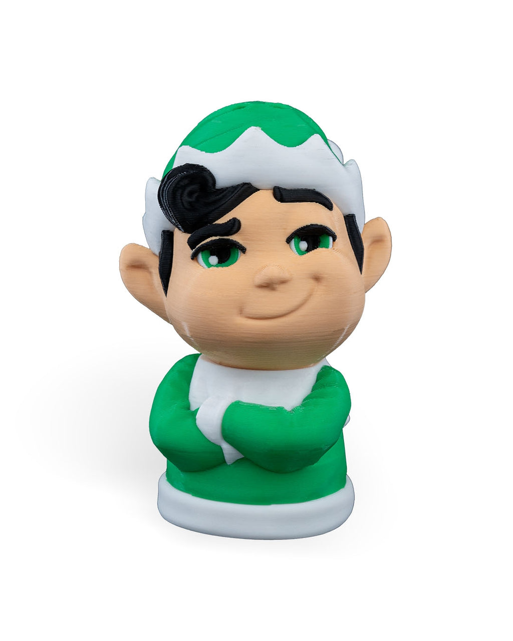 Christmas elf ornament, 3D printed, front view: green hat with white trim, black hair, pointed ears and crossed arms, on a white background