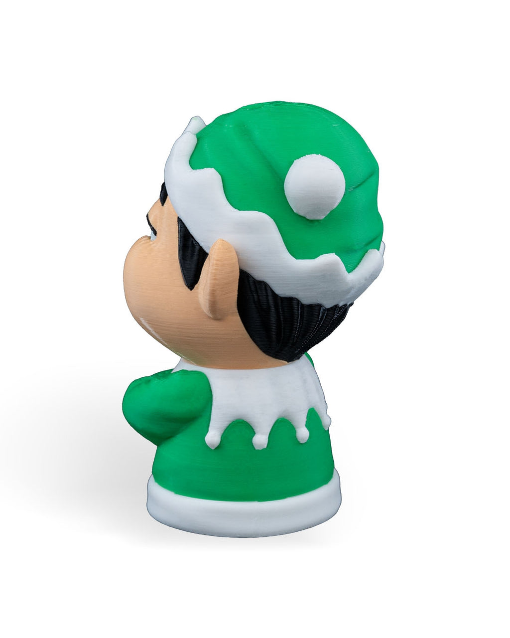 Back of the Christmas elf ornament showing the green hat with white pom-pom, on a white background