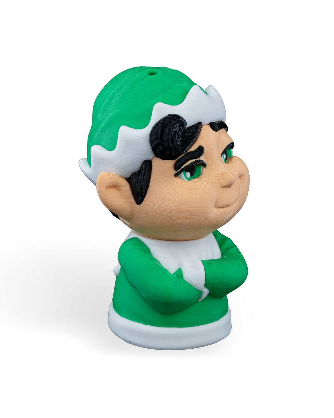 Christmas elf ornament angled to the right with arms crossed, on a white background