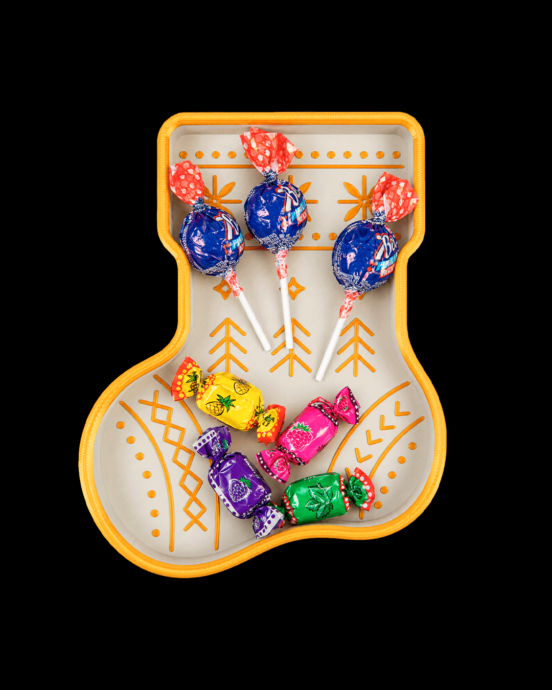 White and gold stocking tray holding wrapped candies (candy not included), on a black background