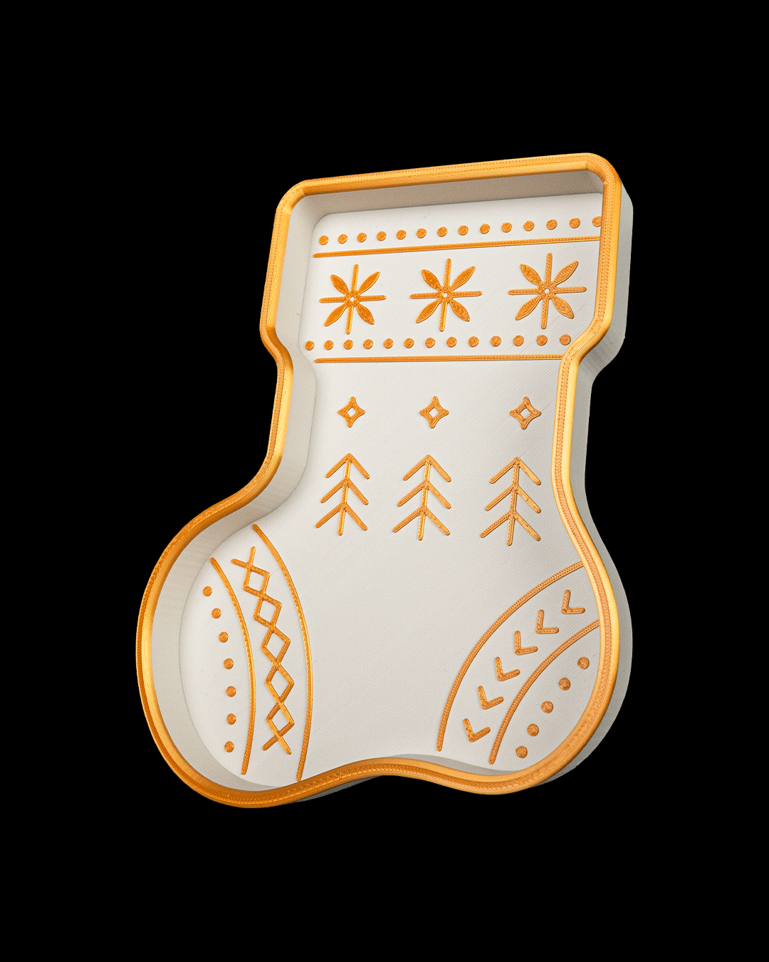 Angled view of the white and gold stocking tray, on a black background