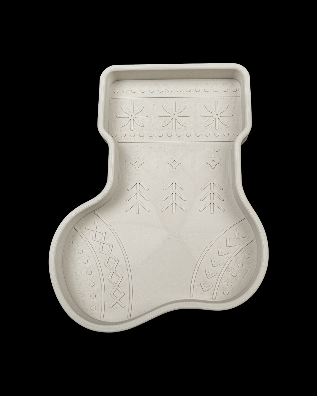 Custom colorway example: all-white stocking tray, on a black background