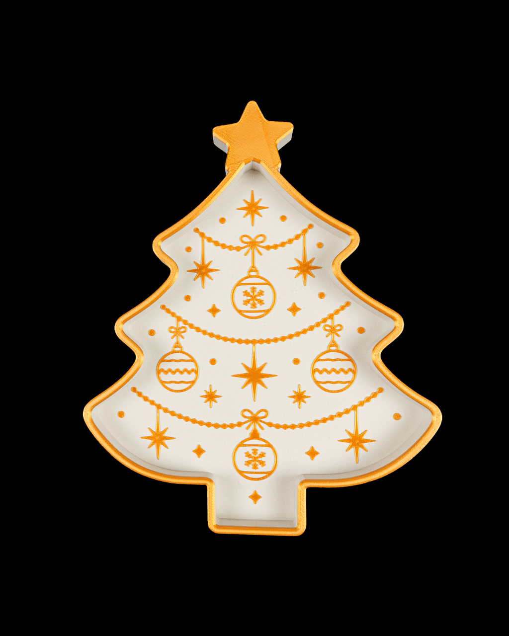 Top view of a white Christmas tree tray with a gold rim, star, and garland and ornament pattern, on a black background