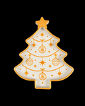 Top view of a white Christmas tree tray with a gold rim, star, and garland and ornament pattern, on a black background
