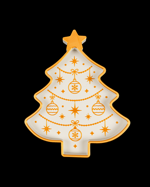 Top view of a white Christmas tree tray with a gold rim, star, and garland and ornament pattern, on a black background
