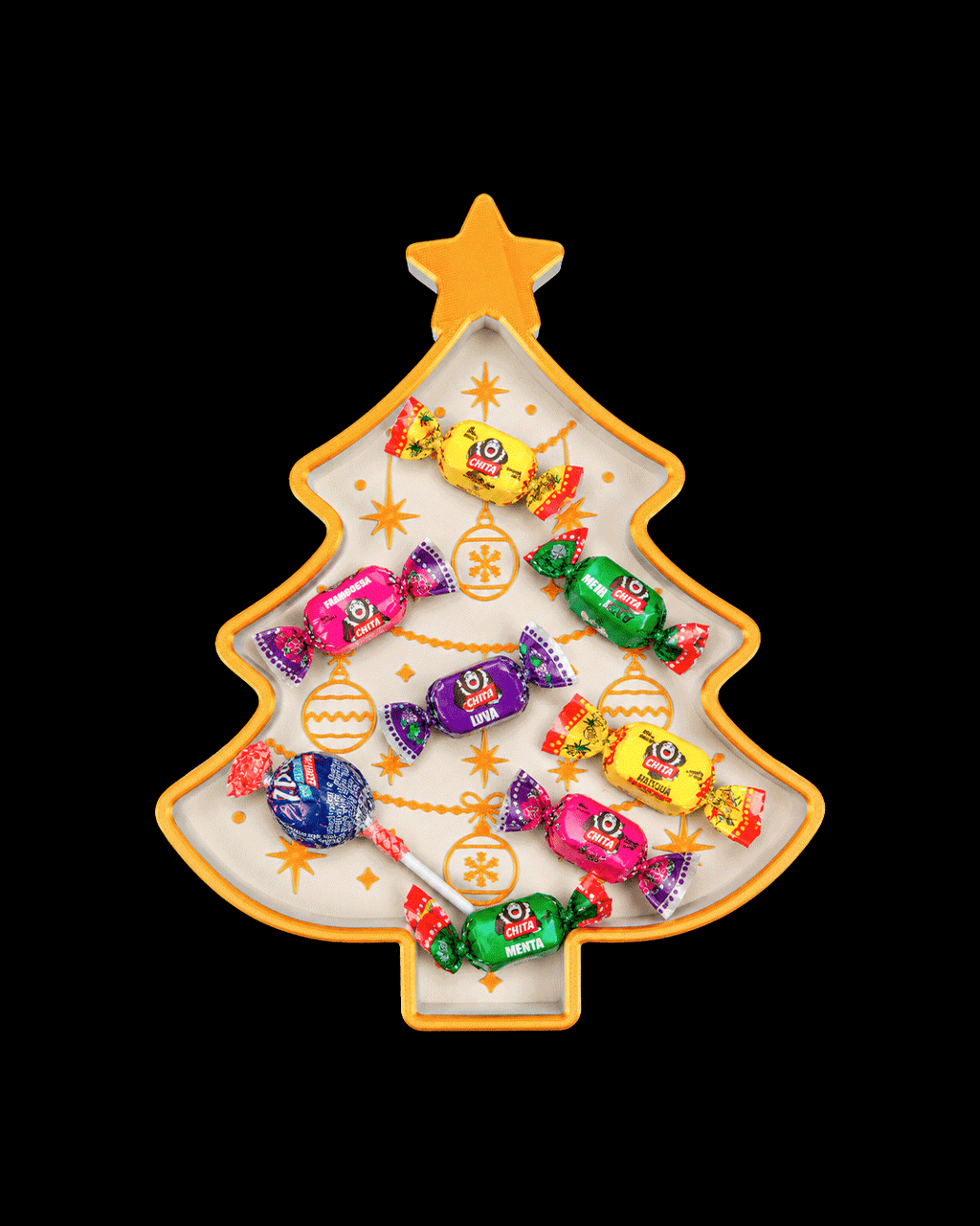 White and gold Christmas tree tray holding wrapped candies (candy not included), on a black background
