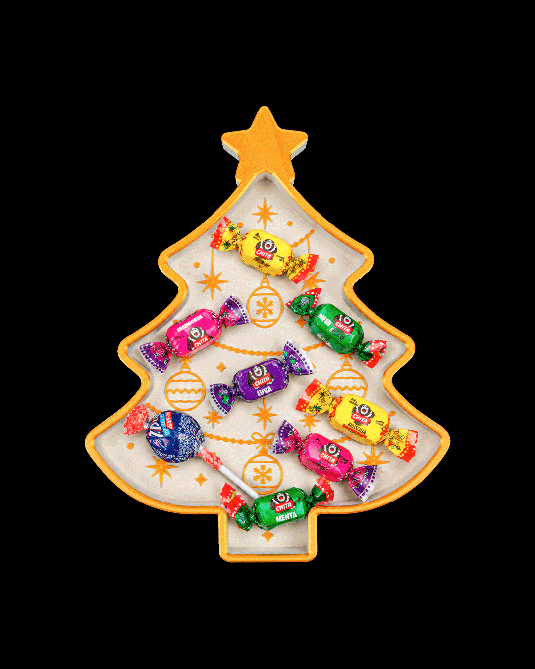 White and gold Christmas tree tray holding wrapped candies (candy not included), on a black background