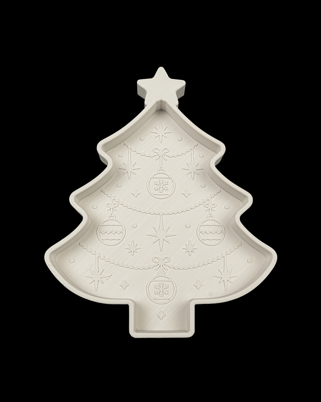 Custom colorway example: all-white Christmas tree tray, on a black background