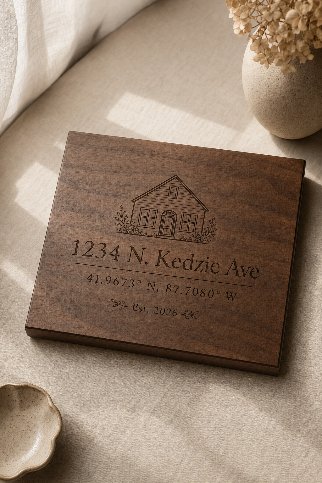 Laser-engraved walnut address coordinate board with Chicago house illustration