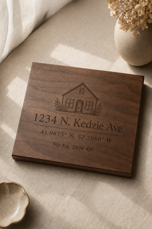 Laser-engraved walnut address coordinate board with Chicago house illustration