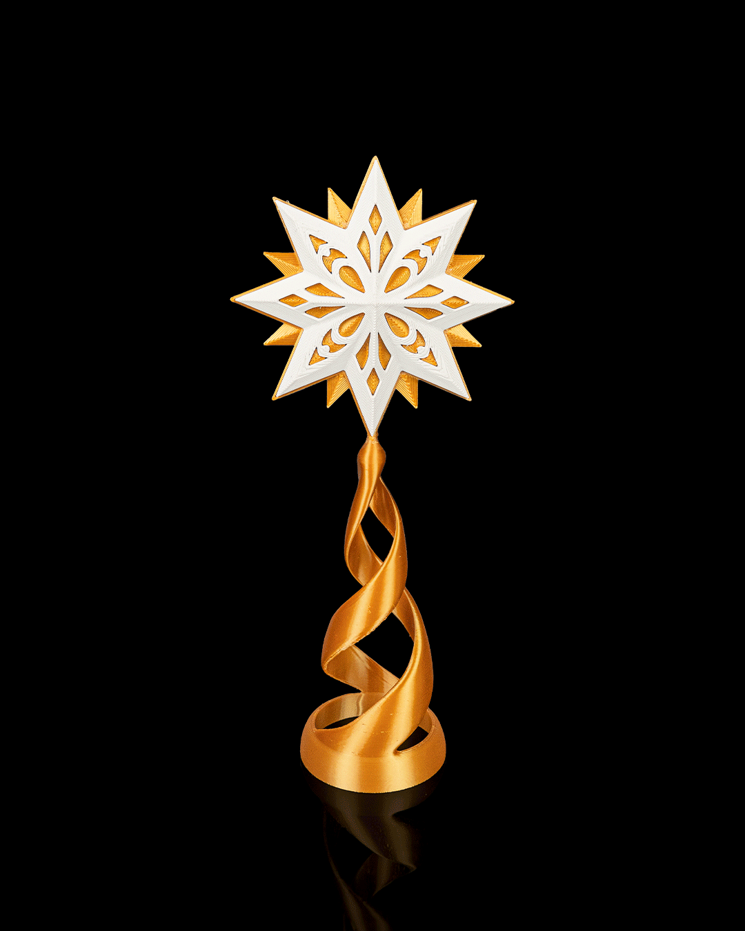 Custom colorway example: white and gold star topper on a gold spiral stand, on a black background