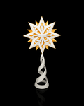 White geometric star tree topper with a gold middle layer on a white spiral stand, matte, on a black background