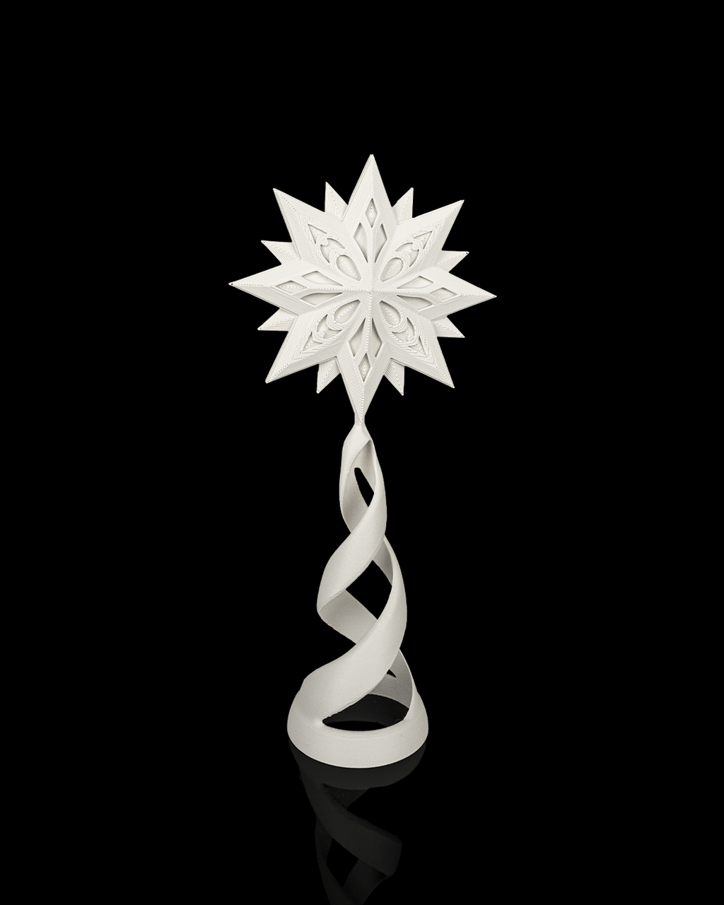 Custom colorway example: all-white star topper and stand, on a black background