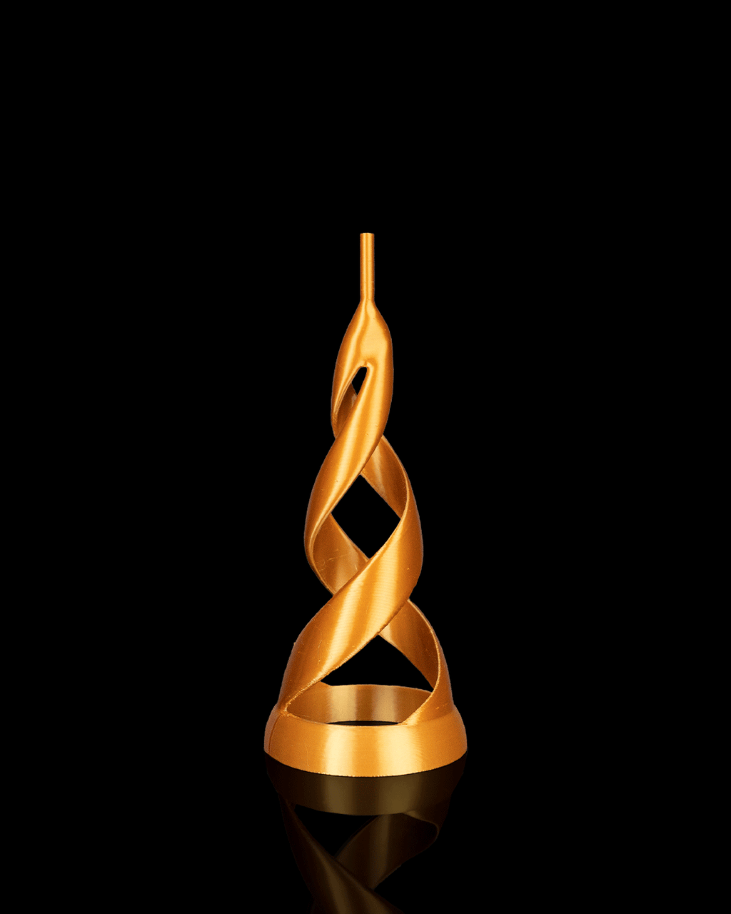 Custom colorway example: gold spiral stand shown on its own, on a black background