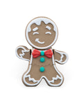 Gingerbread man Christmas ornament, 3D printed, front view: white icing trim, smiling face, red bow tie and green buttons, on a white background