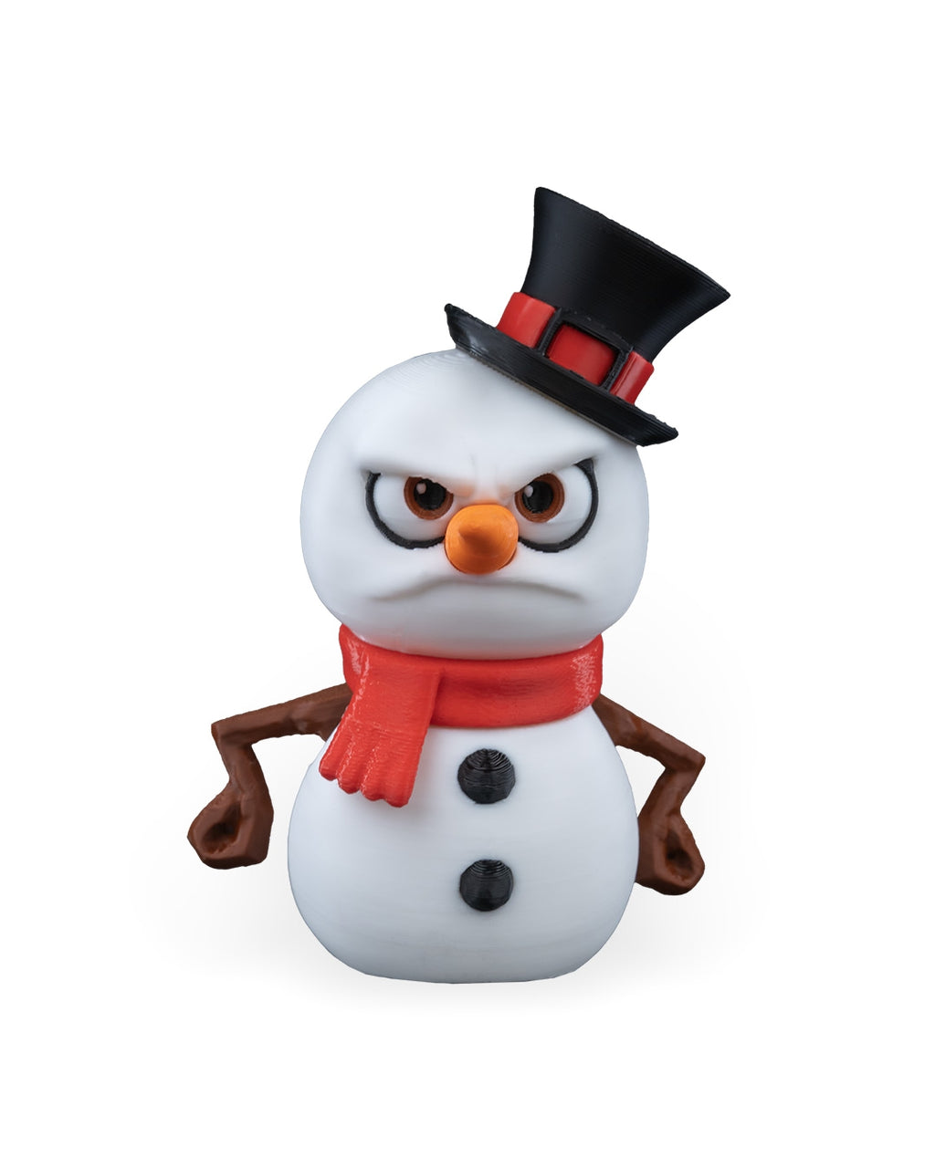 Grumpy Snowman Christmas ornament, 3D printed, front view: black top hat with red band, scowling face, carrot nose, red scarf and stick arms, on a white background