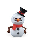 Grumpy Snowman Christmas ornament, 3D printed, front view: black top hat with red band, scowling face, carrot nose, red scarf and stick arms, on a white background