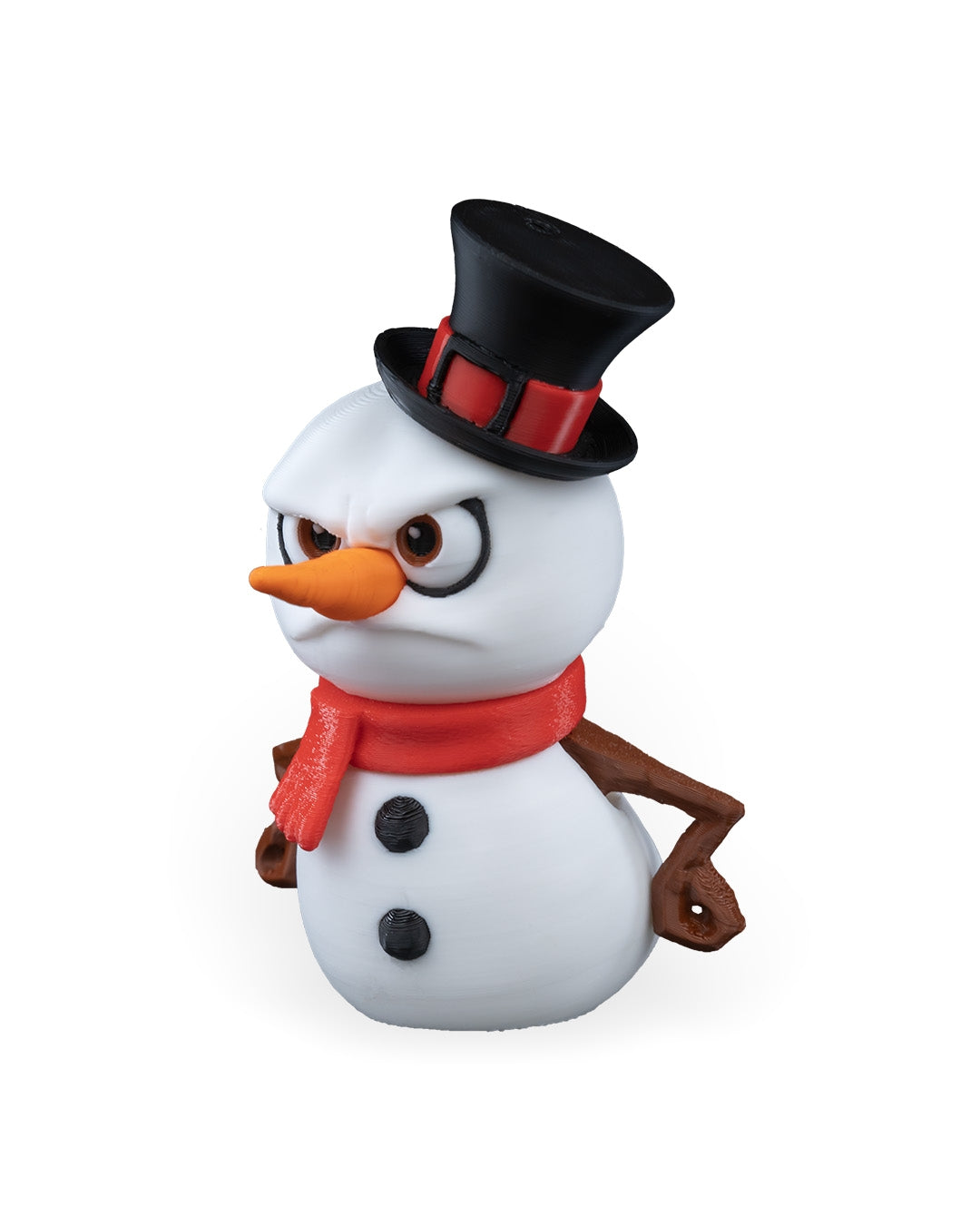 Grumpy Snowman Christmas ornament angled to the left, showing the scowl, carrot nose and red scarf, on a white background