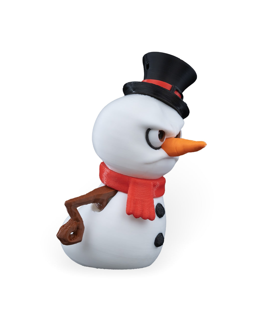 Grumpy Snowman Christmas ornament turned to the right, showing the carrot nose, scarf and stick arm, on a white background
