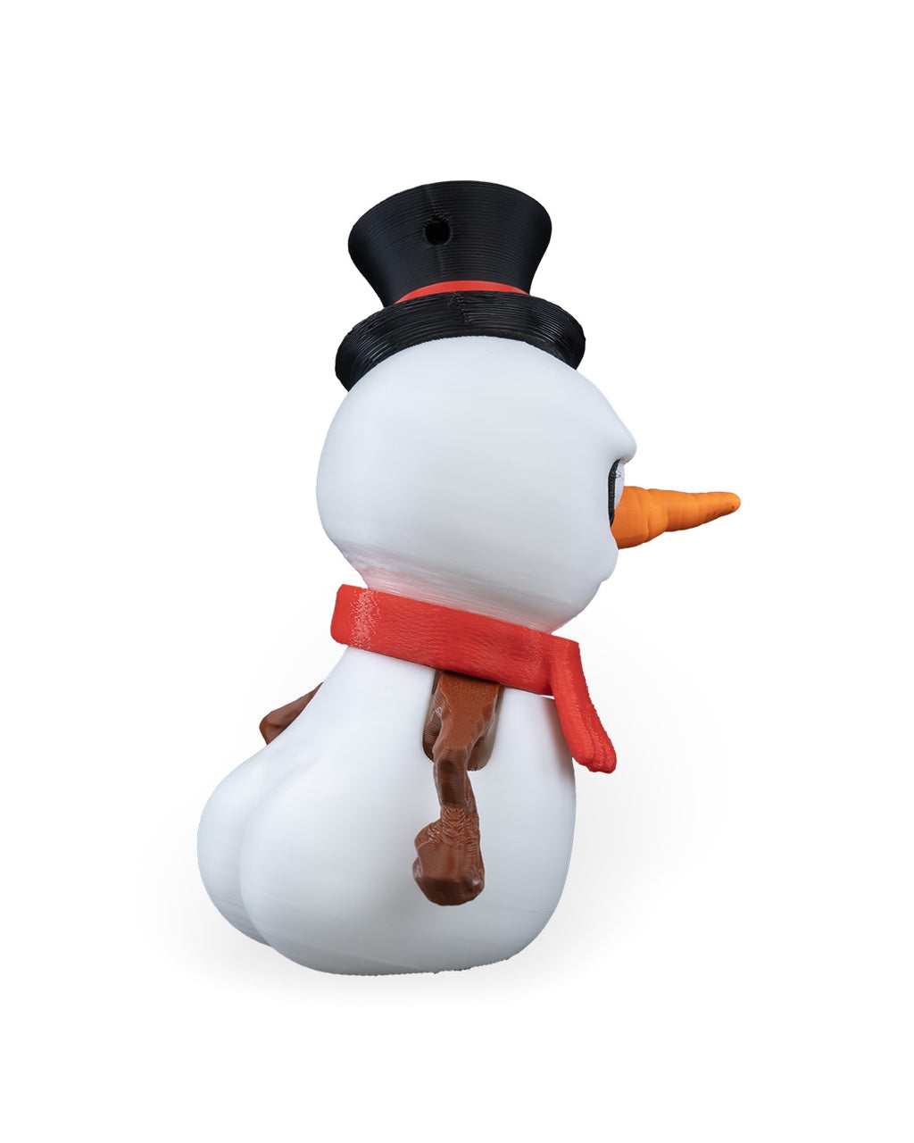 Side profile of the Grumpy Snowman Christmas ornament with top hat, carrot nose and red scarf, on a white background