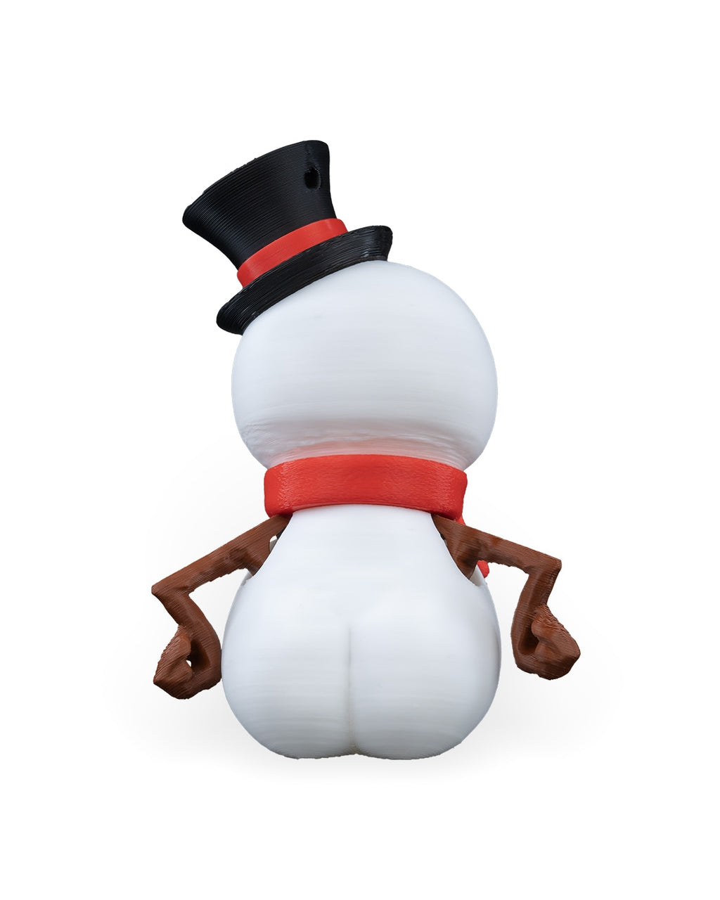 Back of the Grumpy Snowman Christmas ornament showing the top hat, red scarf and stick arms, on a white background