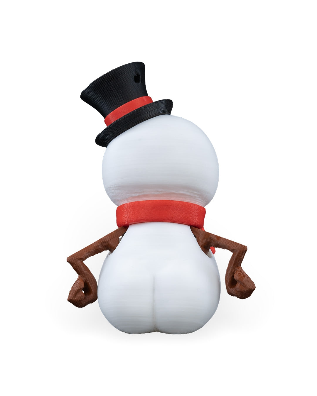 Back of the Grumpy Snowman Christmas ornament showing the top hat, red scarf and stick arms, on a white background
