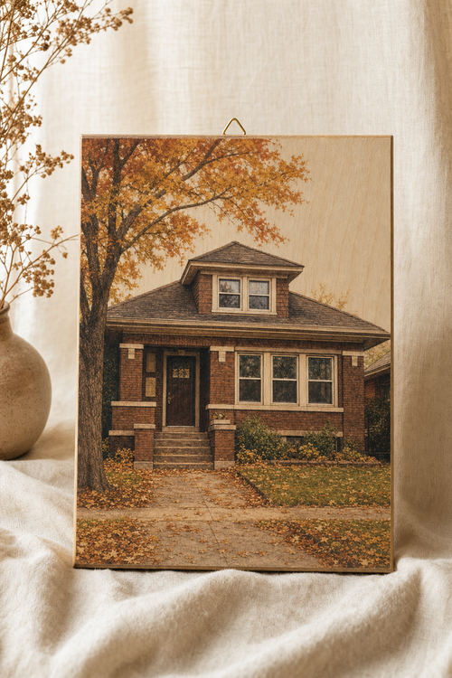 Custom illustrated house portrait on Baltic birch panel