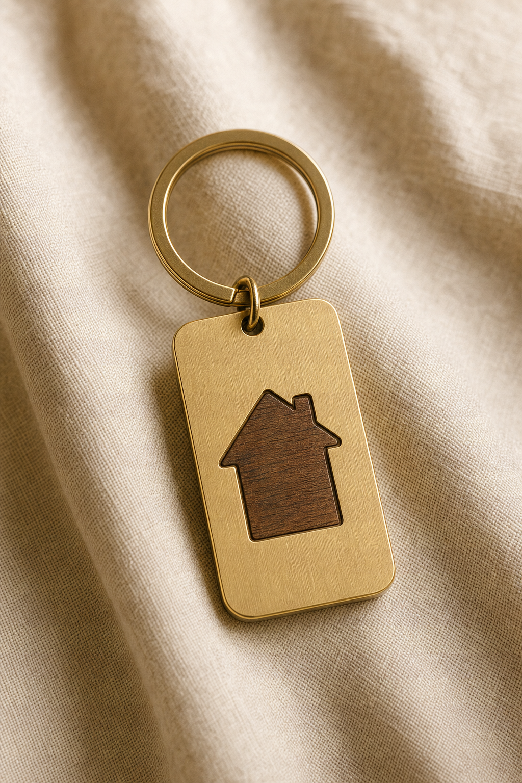 Brass keychain with walnut wood house silhouette inlay