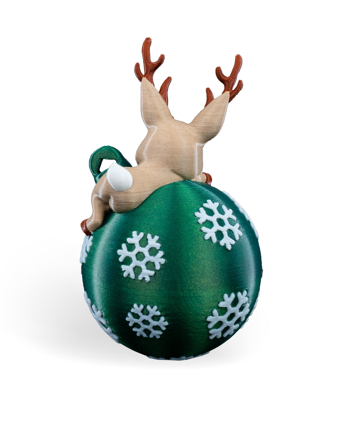Back of the Lying Reindeer Christmas ornament showing the reindeer's white tail and the green printed loop, on a white background