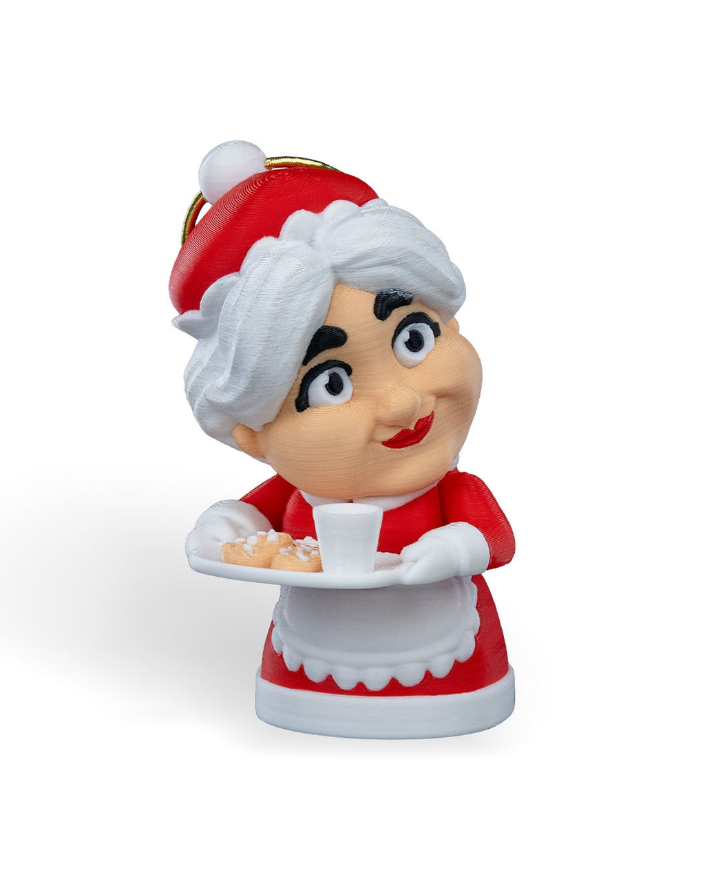 Mrs. Claus Christmas ornament, 3D printed, front view: red hat, white hair, red dress with white apron, holding a cookie tray and cup of milk, on a white background