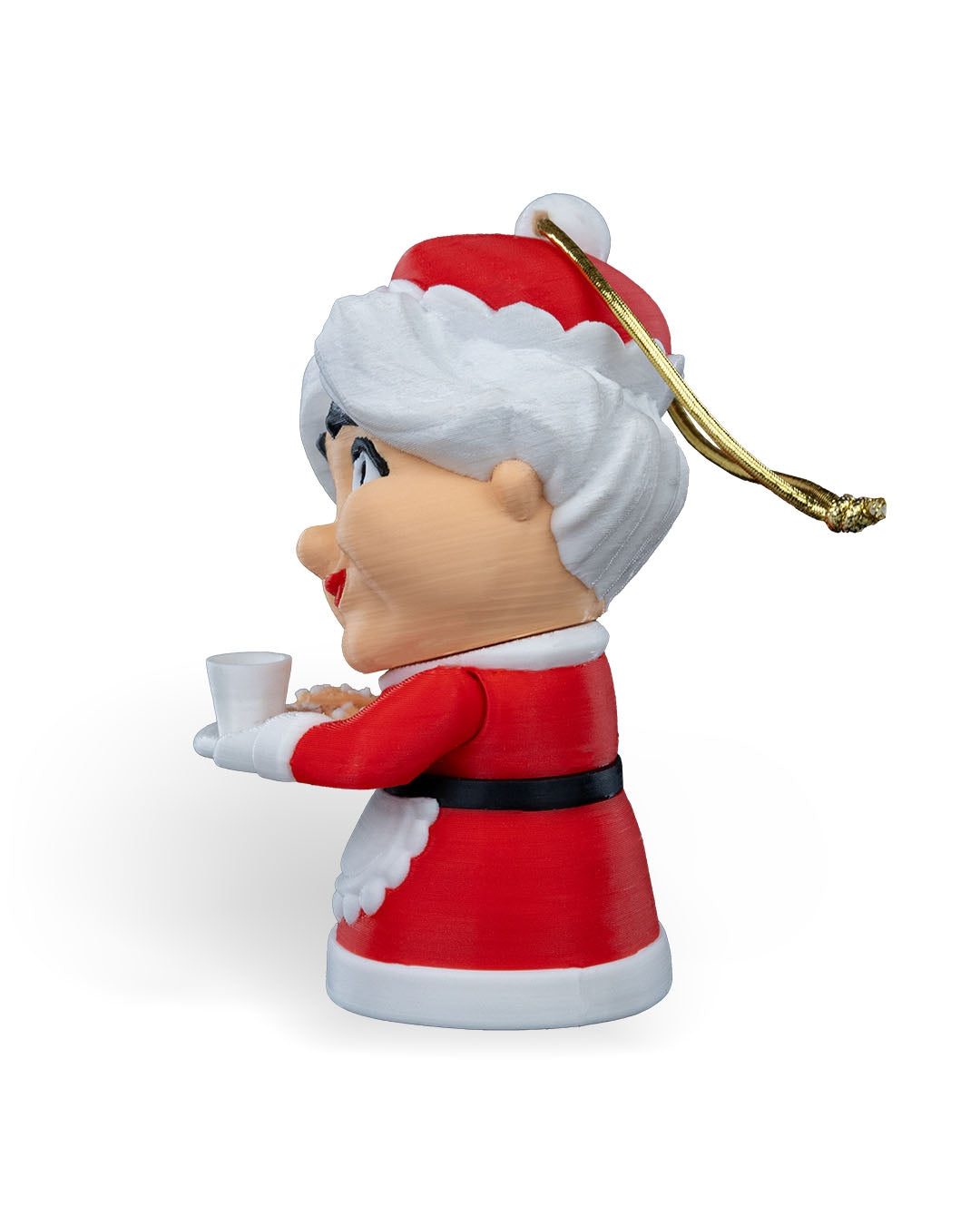 Mrs. Claus Christmas ornament in side profile with her cookie tray and gold cord loop, on a white background