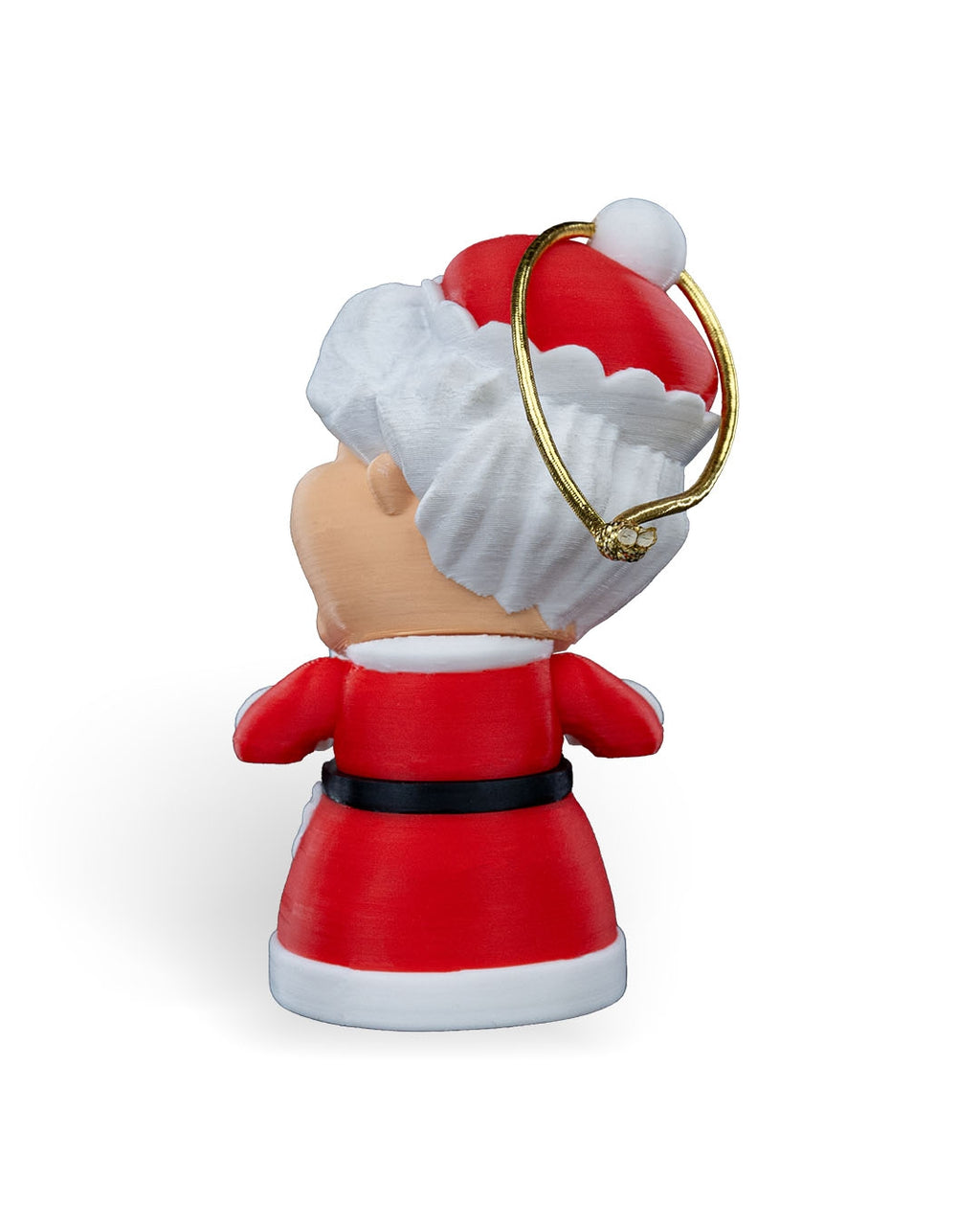 Back of the Mrs. Claus Christmas ornament showing the red hat, white hair and black belt, on a white background