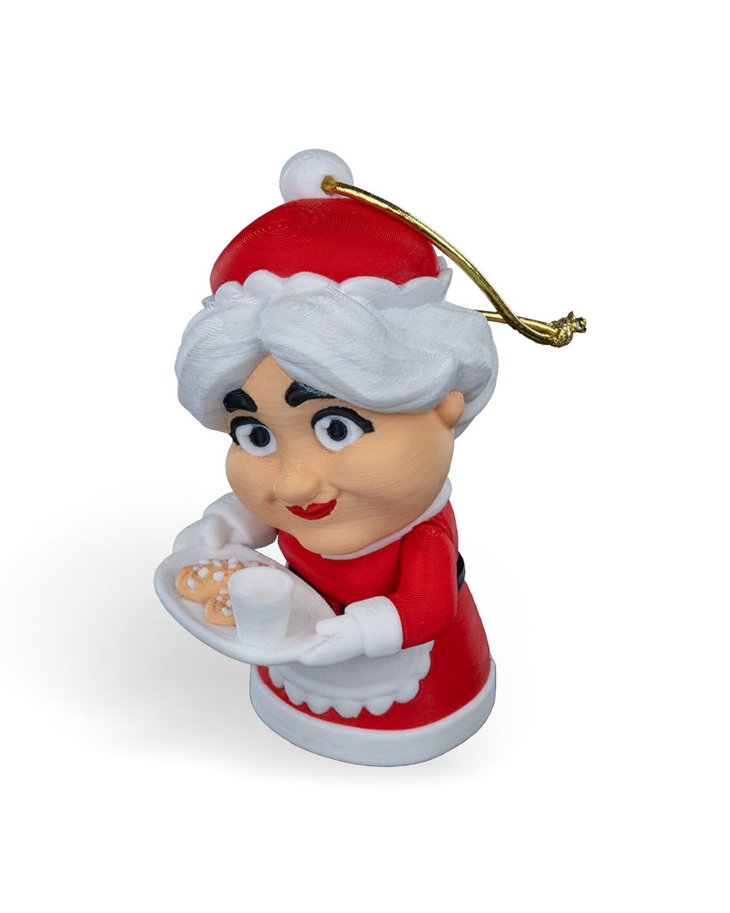 Mrs. Claus Christmas ornament angled to the right, holding her cookie tray and cup of milk, on a white background
