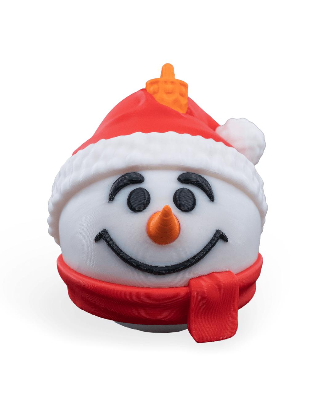 Nutcracker & Snowman Ornament 2-Pack: snowman Christmas ornament, front view: red hat with white trim and pompom, carrot nose, smile and red scarf, on a white background