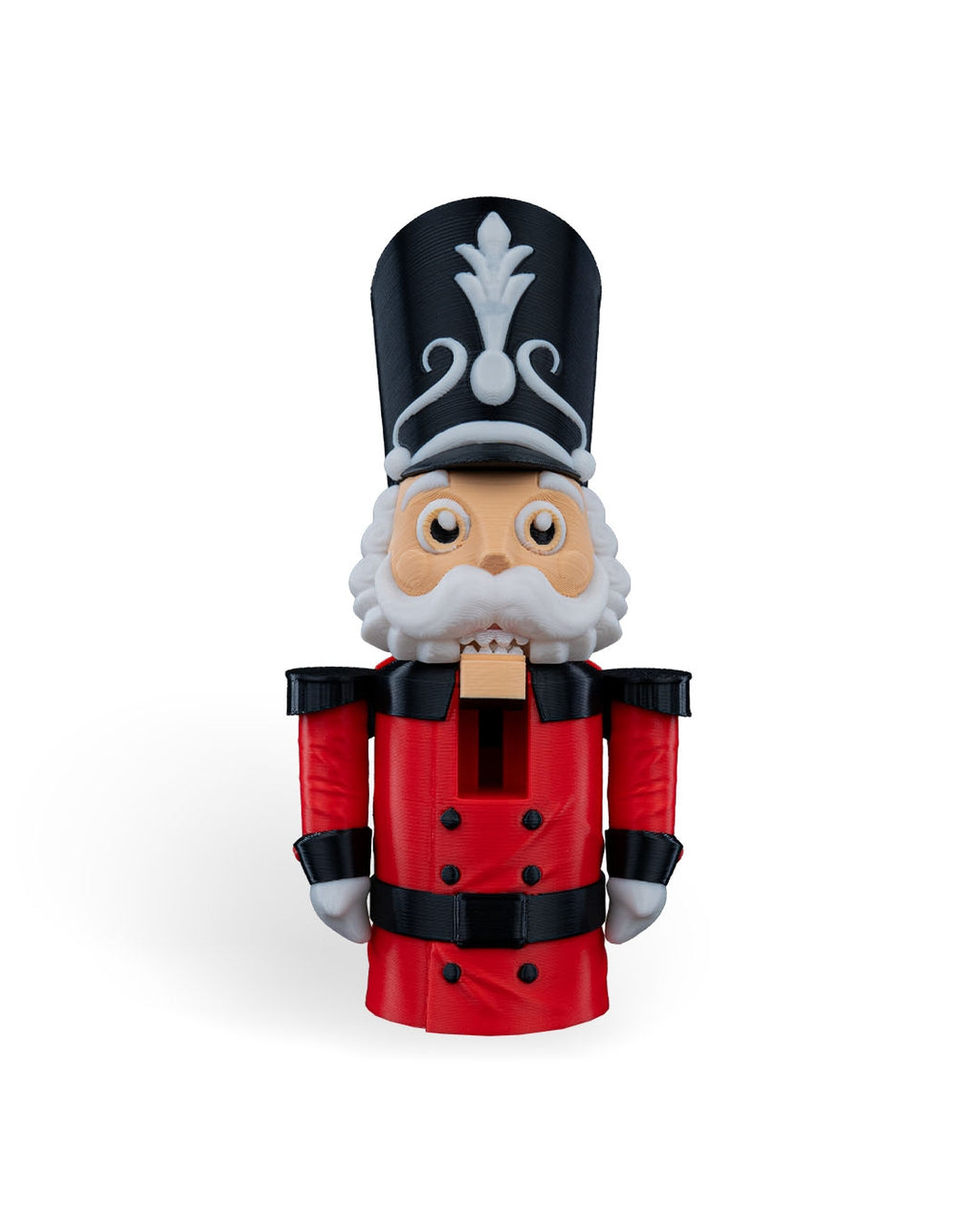 Nutcracker Soldier Christmas ornament, 3D printed, front view: tall black hat with white crest, white beard, red coat and black belt, on a white background