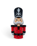 Nutcracker Soldier Christmas ornament, 3D printed, front view: tall black hat with white crest, white beard, red coat and black belt, on a white background