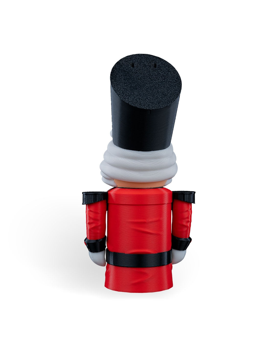 Back of the Nutcracker Soldier Christmas ornament showing the black hat, red coat and black belt, on a white background