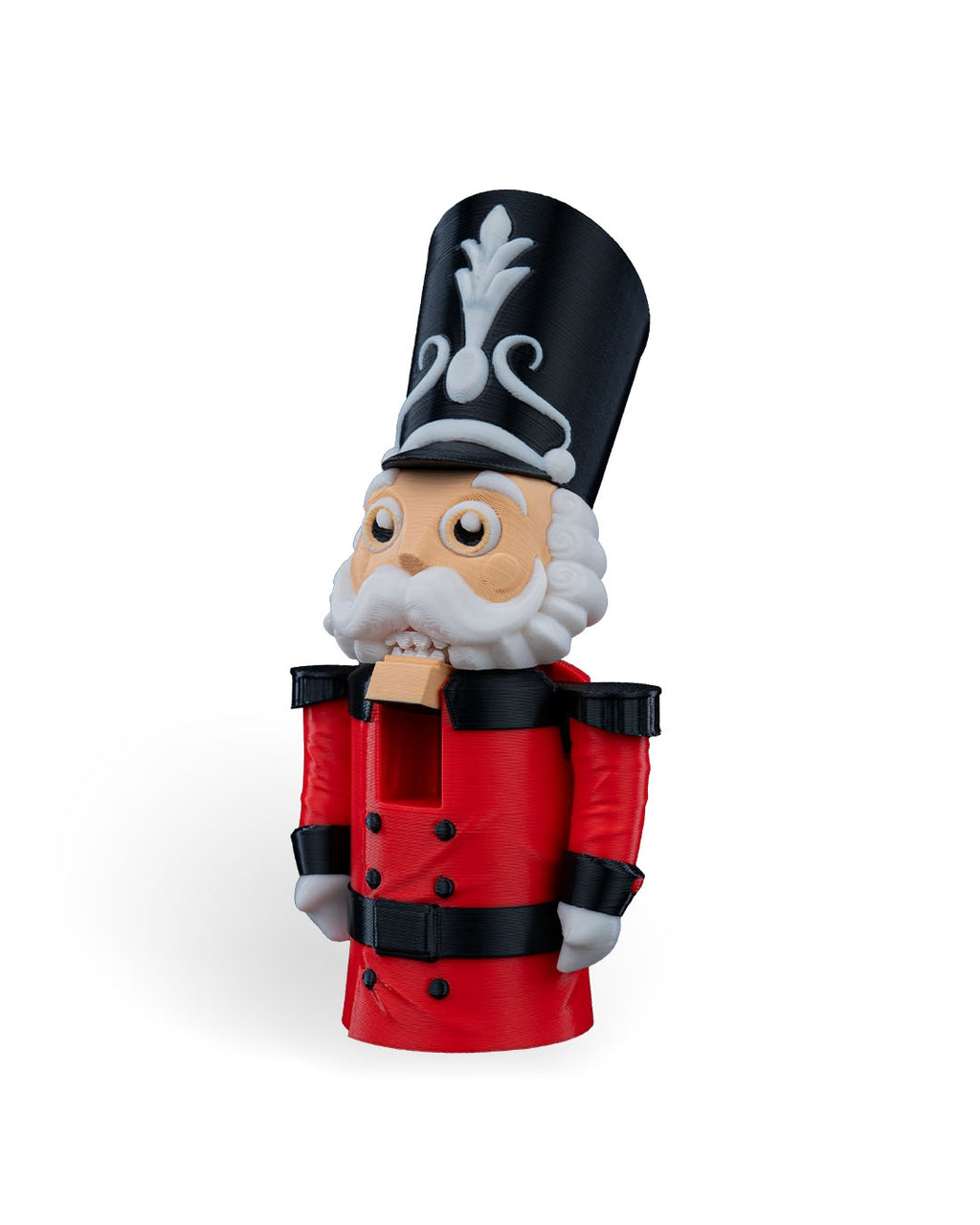 Nutcracker Soldier Christmas ornament, front view at a slight angle, showing the white mustache, red coat and white gloves, on a white background