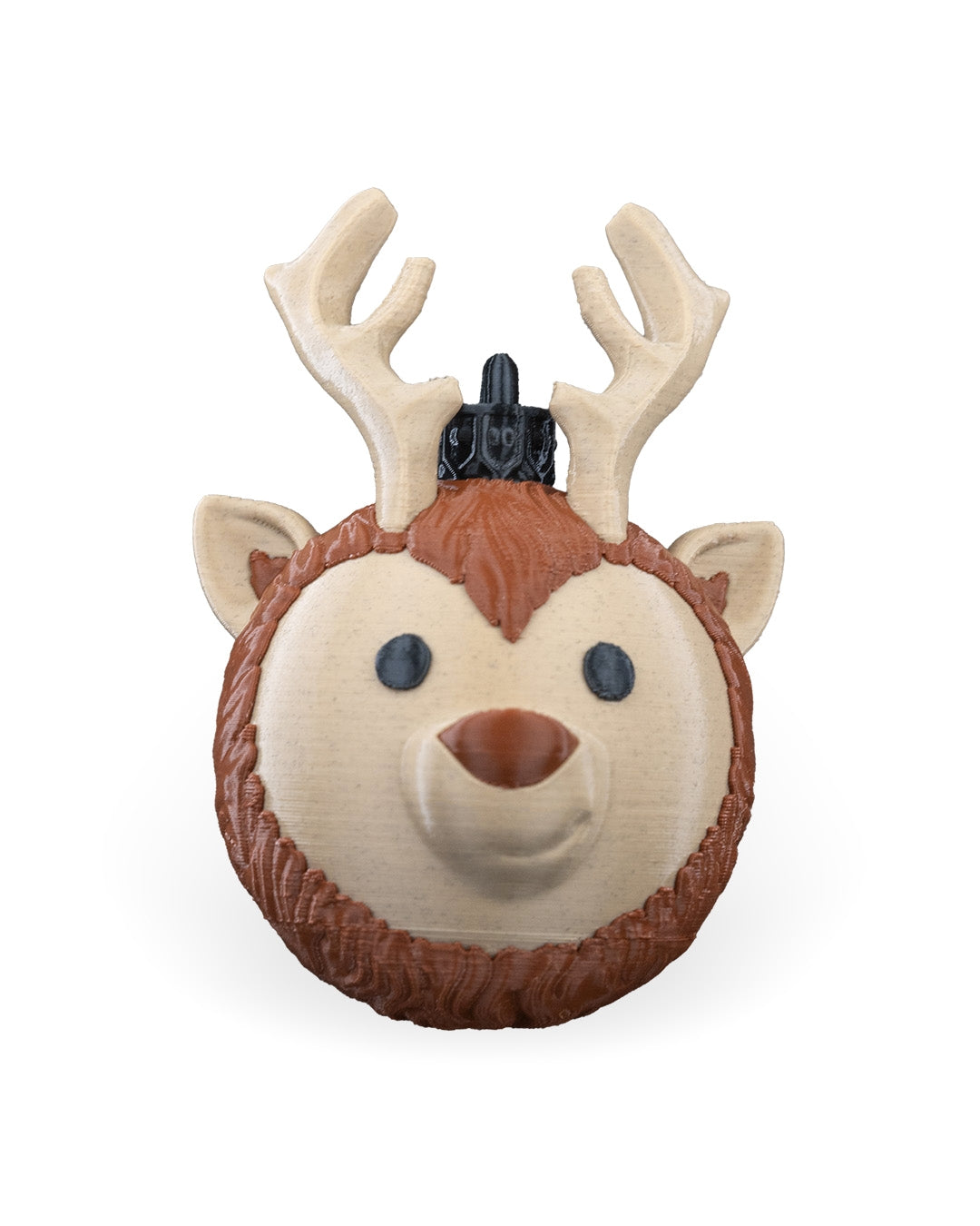 Reindeer Head Christmas ornament, 3D printed, front view: tan face and antlers, brown nose and textured brown fur, on a white background