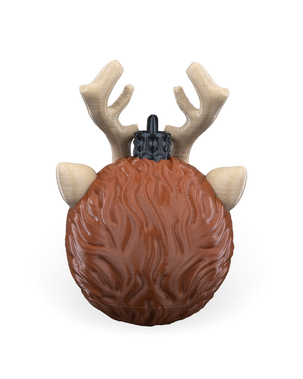 Back of the Reindeer Head Christmas ornament showing the textured brown fur, tan antlers and printed hanging loop, on a white background