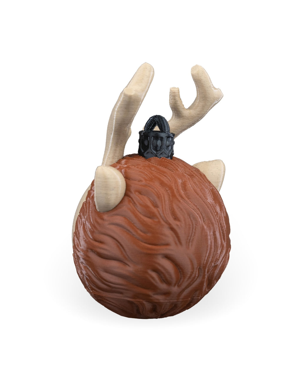 Reindeer Head Christmas ornament angled from the back, showing the antlers, ears and printed loop, on a white background