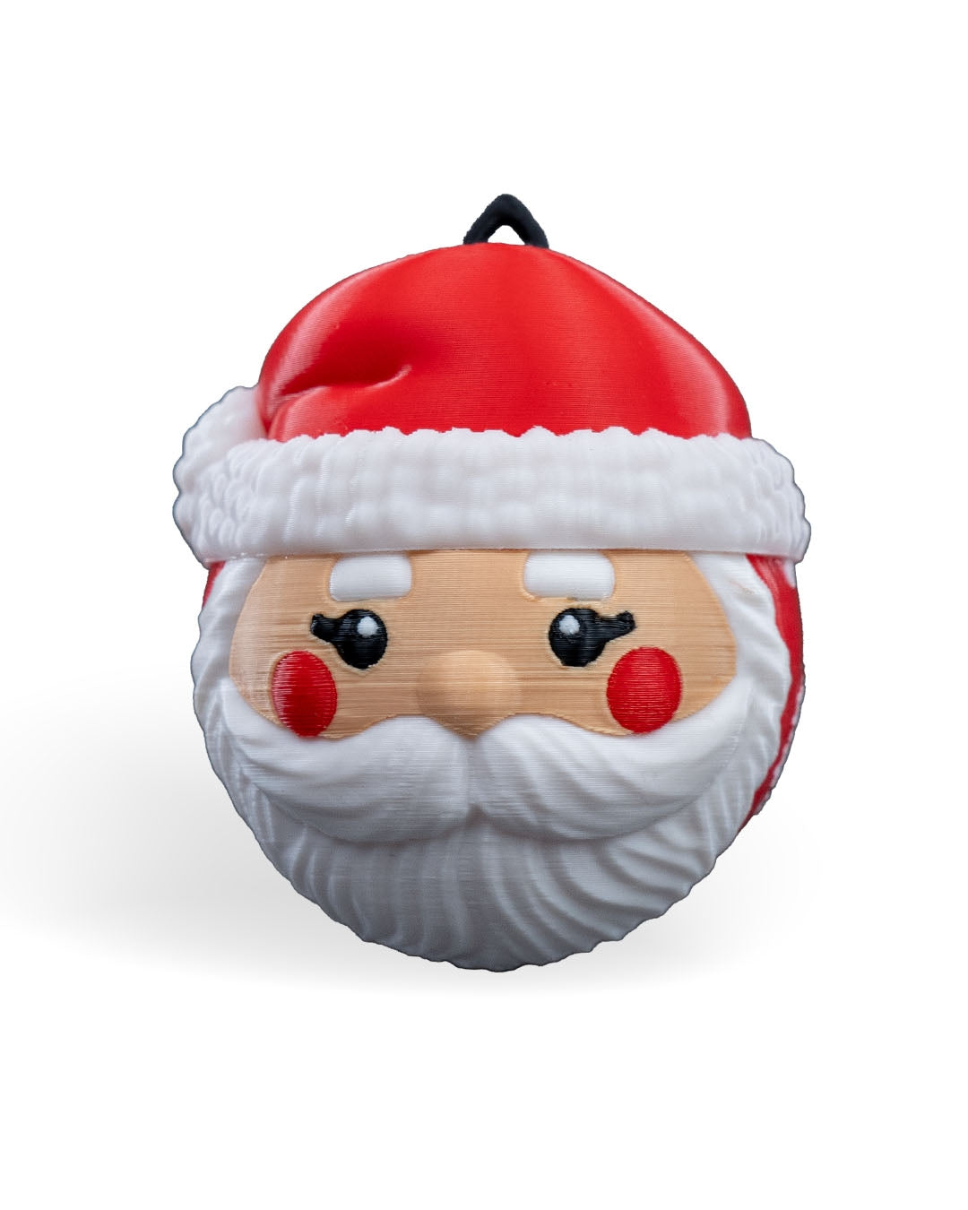 Santa Face Christmas ornament, 3D printed, front view: red hat with white trim, rosy cheeks and curly white beard, on a white background