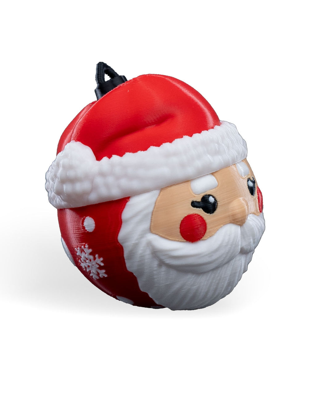 Santa Face Christmas ornament turned to the side, showing the beard and the red snowflake back, on a white background