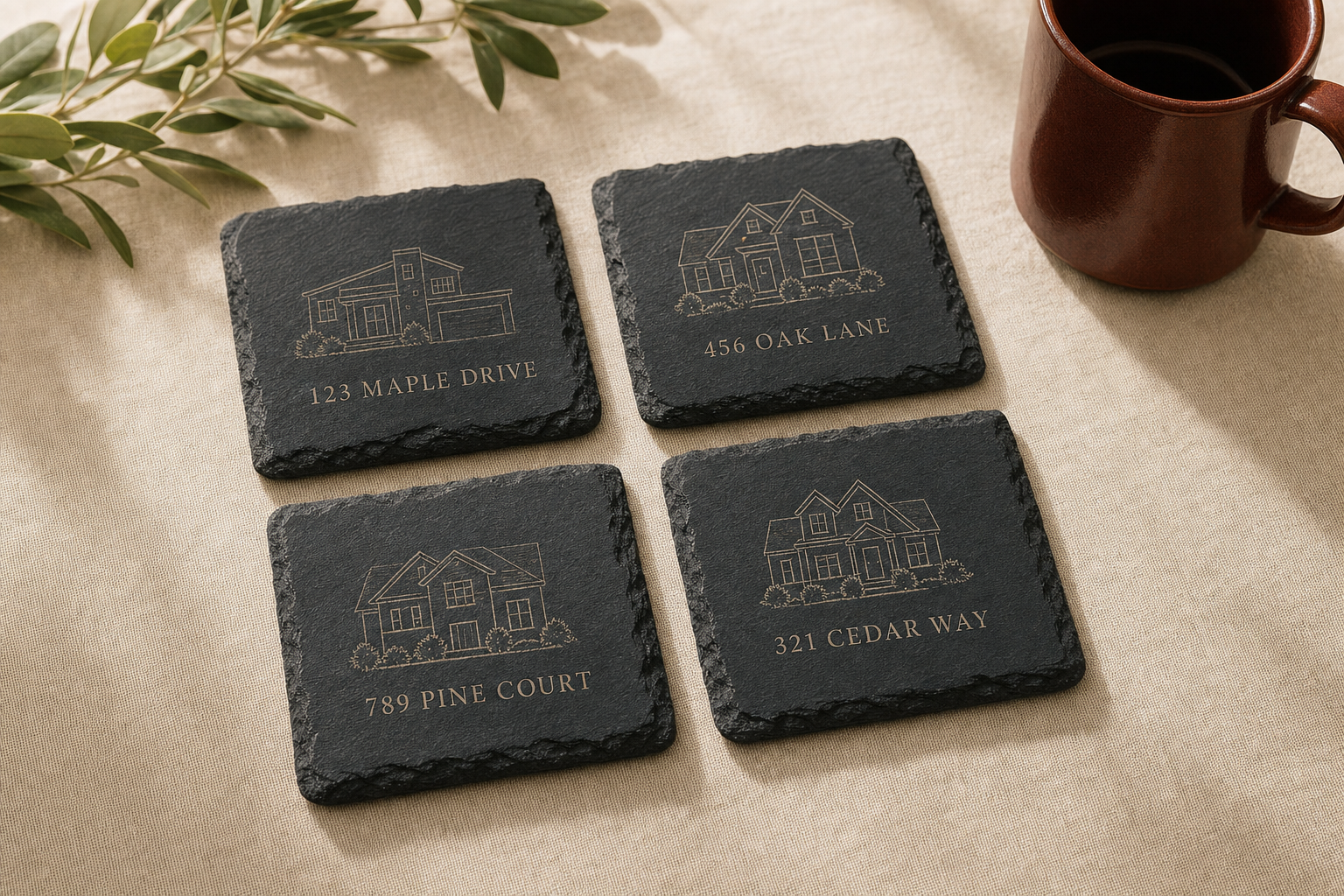 Set of four laser-engraved slate coasters showing sample home addresses — placeholder image