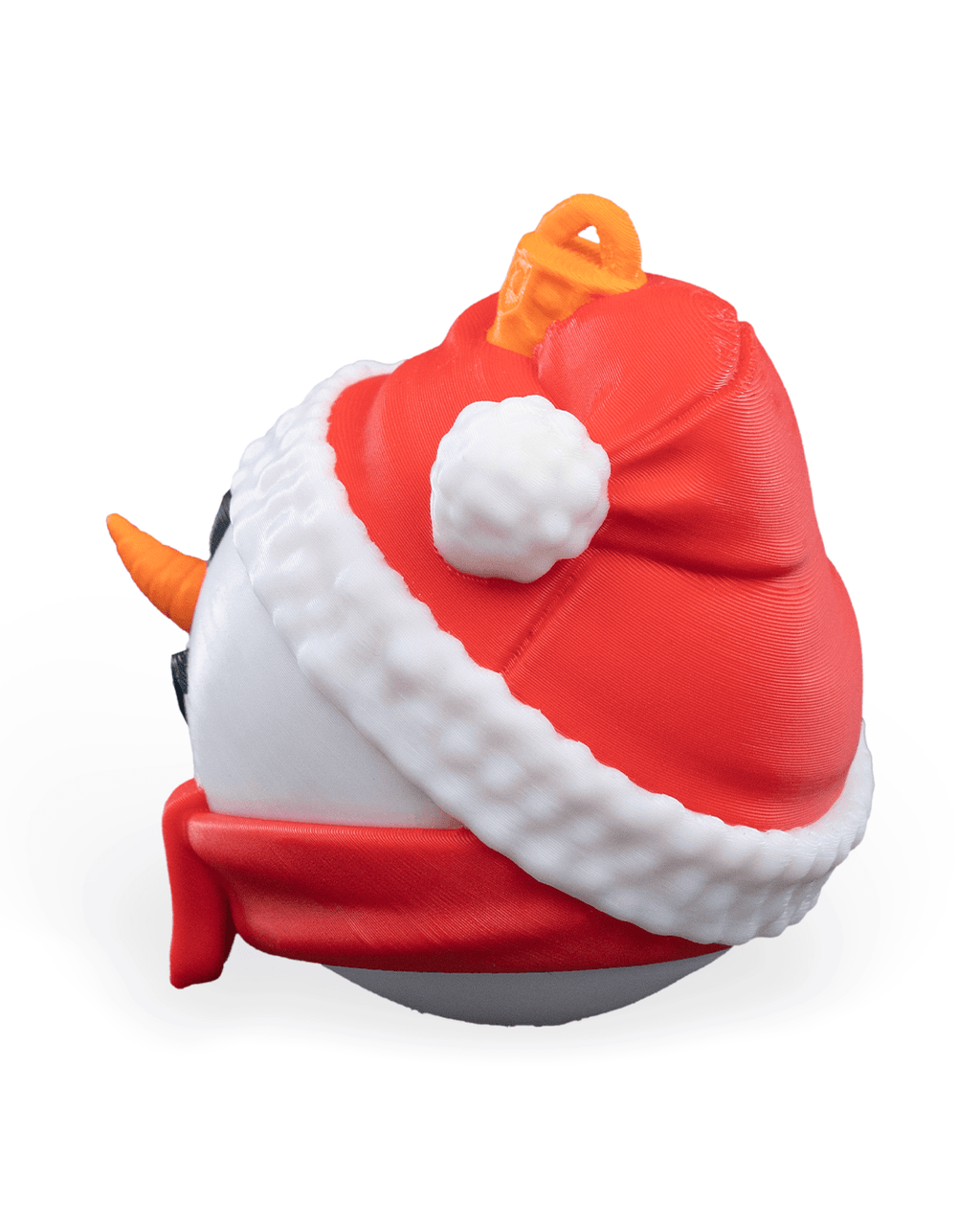 Side view of the Snowman Christmas ornament with red hat, white pompom and red scarf, on a white background