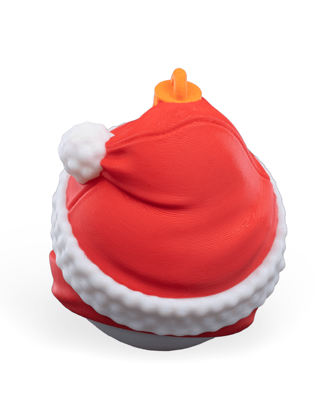 Back of the Snowman Christmas ornament showing the red hat, white trim and printed hanging loop, on a white background