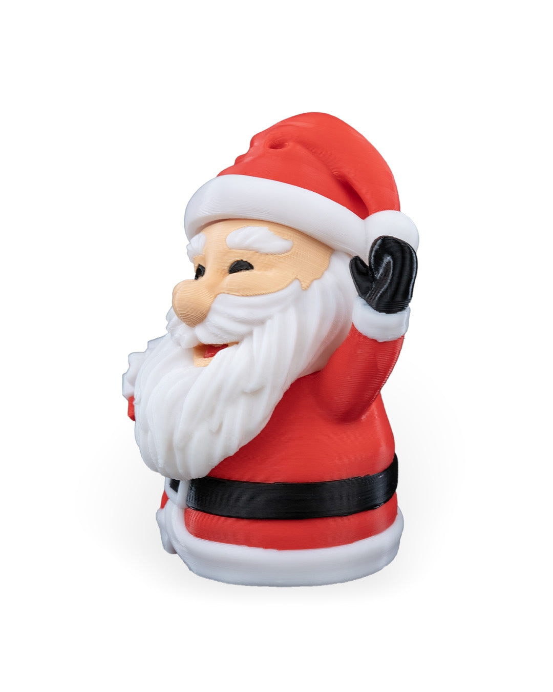 Waving Santa Christmas ornament in side profile showing the white beard and raised hand, on a white background