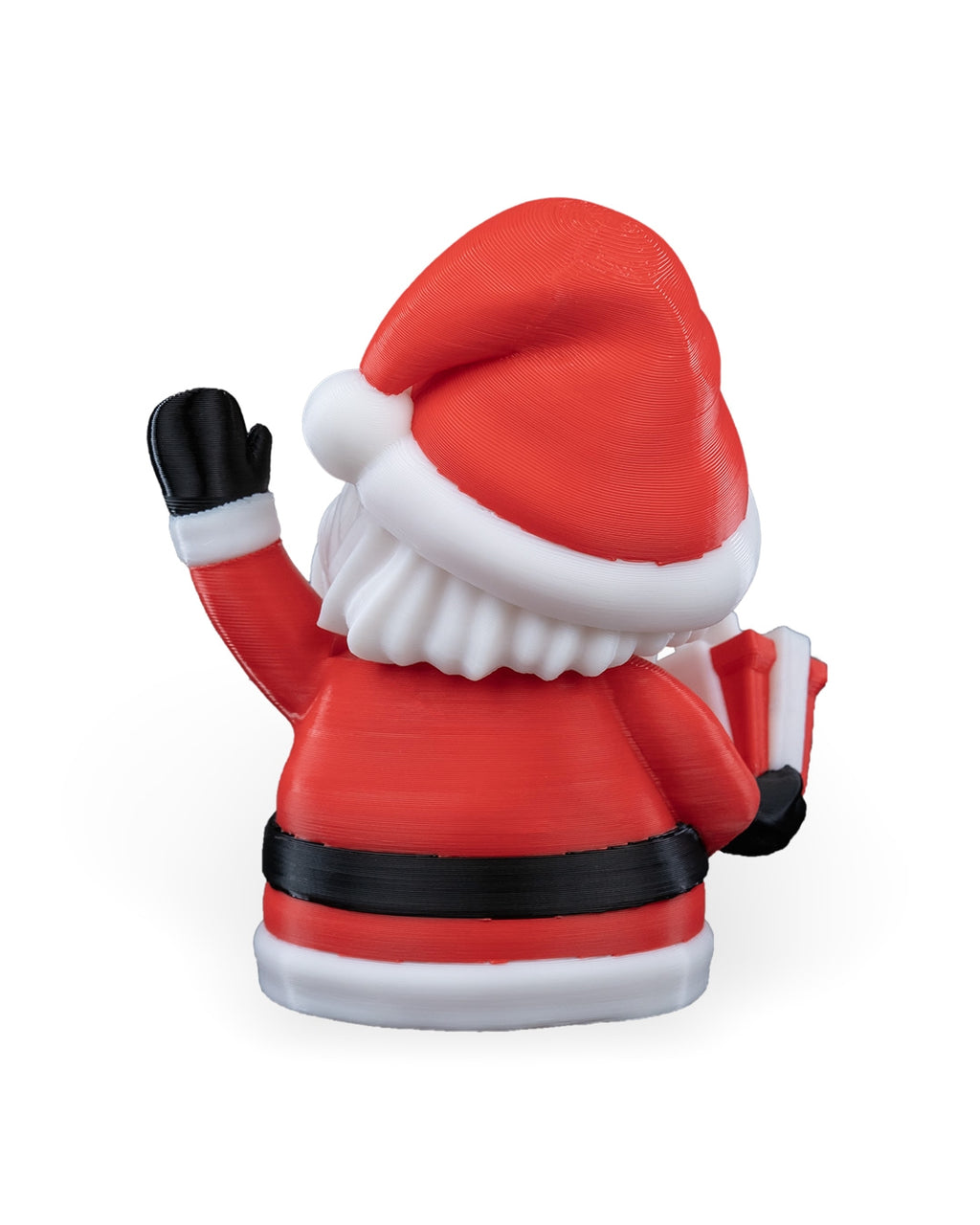 Back of the waving Santa Christmas ornament showing the red hat and suit, on a white background