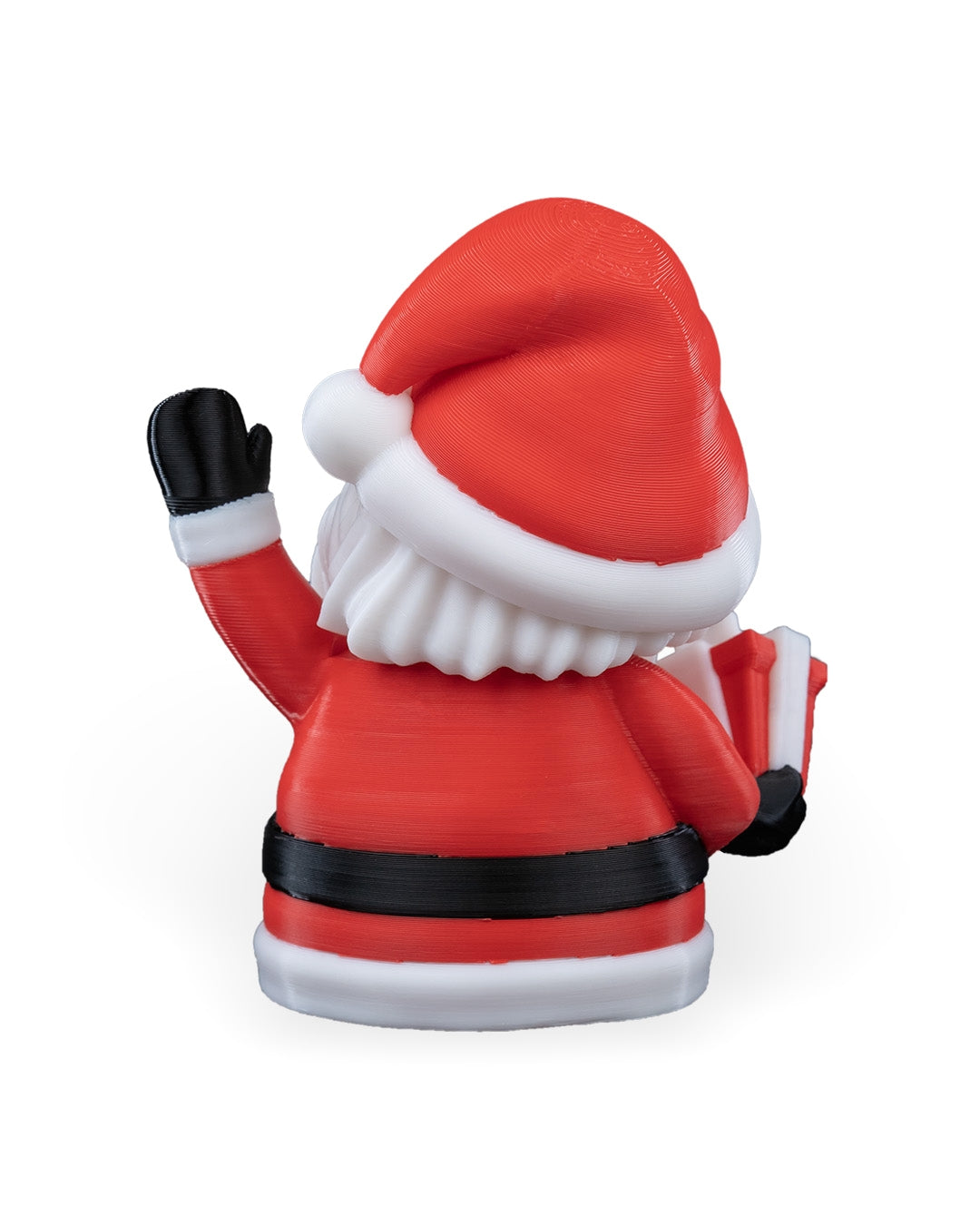 Back of the waving Santa Christmas ornament showing the red hat and suit, on a white background