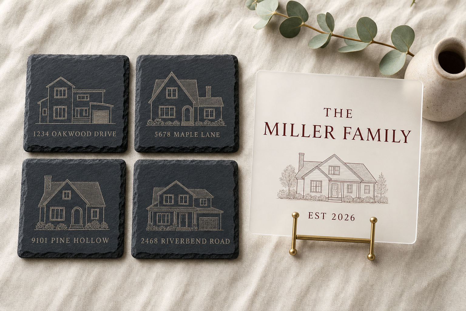 Welcome Set gift bundle — four monogrammed slate coasters and personalized acrylic welcome plaque with brass easel